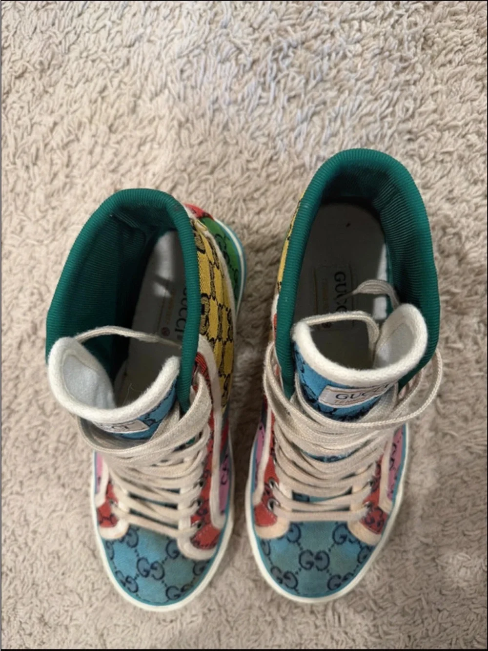 Gucci Mens size 8 Multicolor GG Canvas High-Top Sneakers with Cream Laces